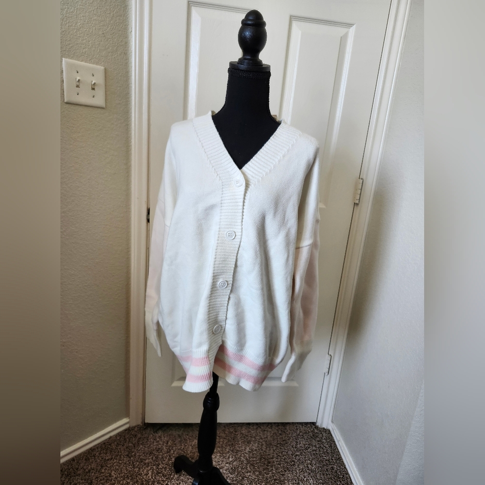Cozy White Cardigan with Pink Accents